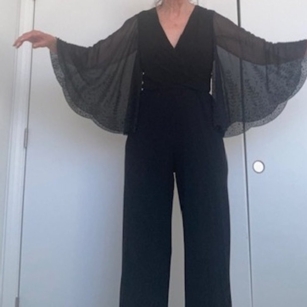 Comfortable Black Marina Pantsuit, size 8 with elastic waistband, beaded sleeves